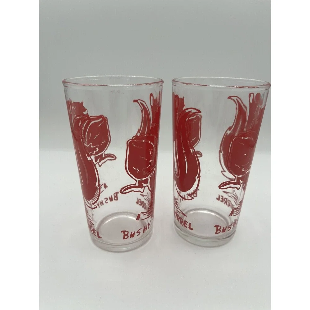 Vintage Blue Plate Peanut Butter 10 oz Glass Red Bushy Squirrel Tumblers 1950s